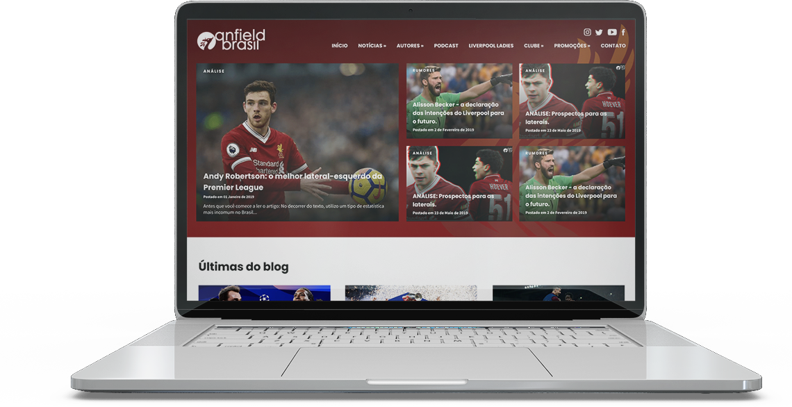 Home page of Liverpool Brasil on laptop screen.